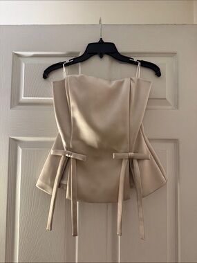Zara Champagne Satin Strapless Top with Side Tie Details